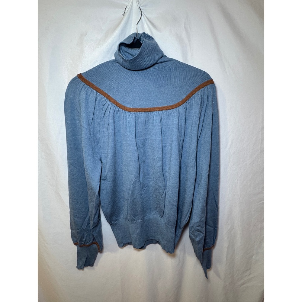 Blue Turtleneck Sweater S/M Retro 70s Brown Trim Cozy Vintage Style Tulip B NWT